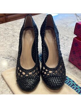 Tory Burch 8.5 Leather Woven Black Women's Pump - Slip-On Dress Heel